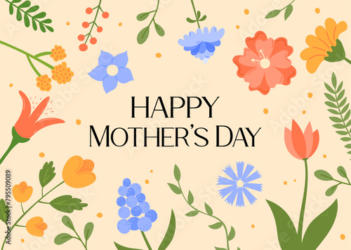 Happy Mothers Day greeting card. Vertical vector illustration. Cute flowers and text Mothers Day. Floral design. Abstract blossom background