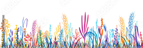Grass with herbs and wild flowers. Colorful vector isolated silhouette of floral meadow. Horizontal border.