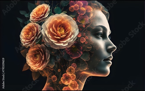 Woman's head and flowers, double exposure generative Ai., stock photos, stock images, life stock, women photography, best selling photo