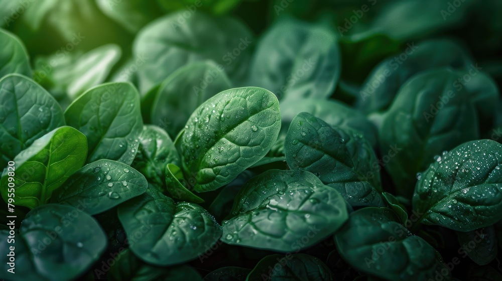 Obraz premium Close up of green spinach leaves with water drops.
