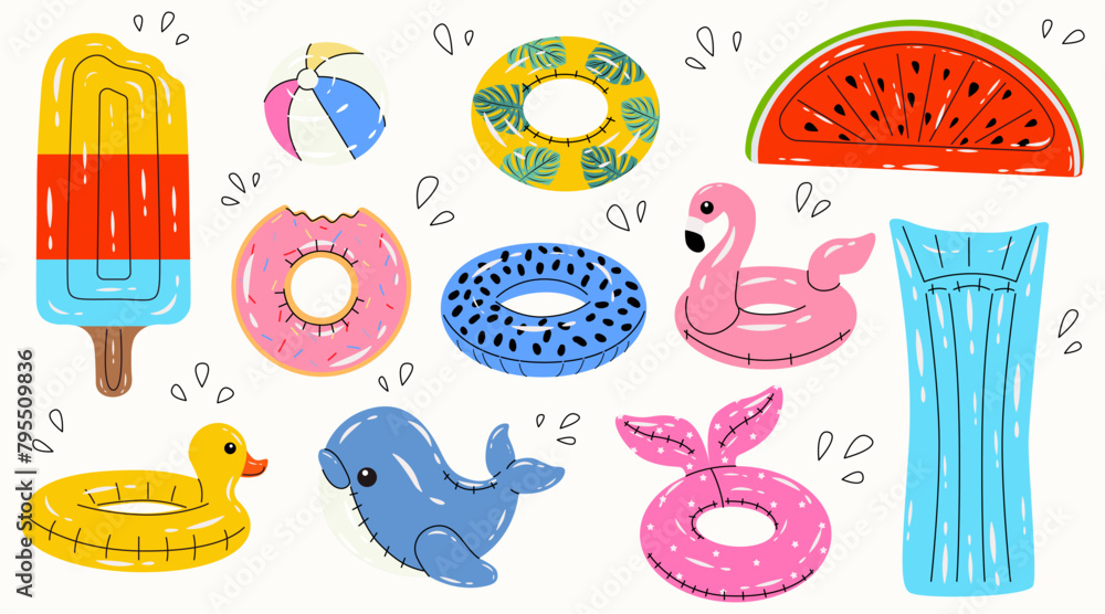 Set rubber pool colorful rings. Swim rings in flat style on white background. Swimming in pool with rubber circles, summertime water activities. Rubber toy for water and beach. Vector illustration