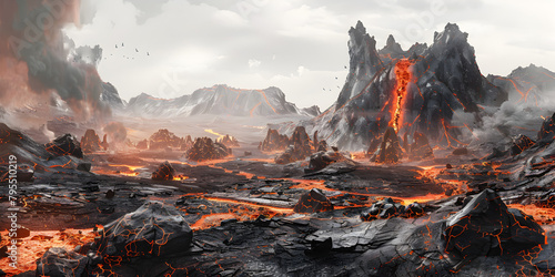 Beautiful active volcano lava panoramic landscape view for Create concept art for a mobile game set , volcano erupting from aerial point of view 

 photo