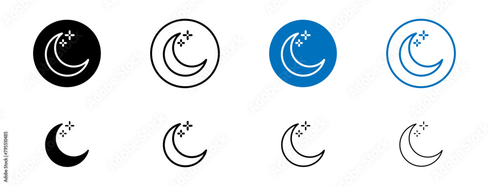 Moon icon set. half crescent moon icon. night or nighttime icon in black and blue and blue color.
