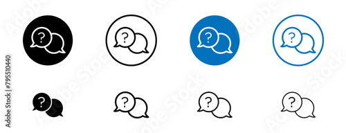 Comment question icon set. faq icon. question and answer pictogram. inquire bubble. ask or request icon. frequently asked questions icon in black and blue and blue color. photo