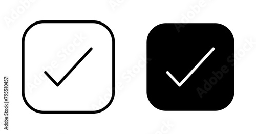 Check icon set. checkmark icon. accept, verify or done check mark icon. right checkbox button in black and blue and blue color.