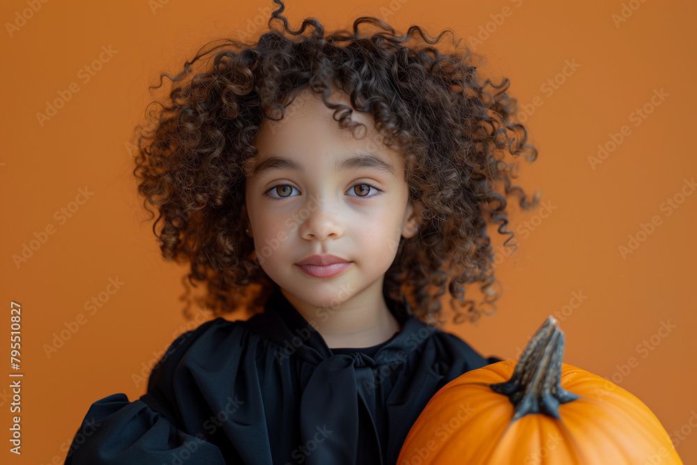 Cute little curly girl in black robe holding fancy pumpkin on orange background. Halloween concept. Cute little curly girl in black robe holding fancy pumpkin on orange background. Halloween concept.