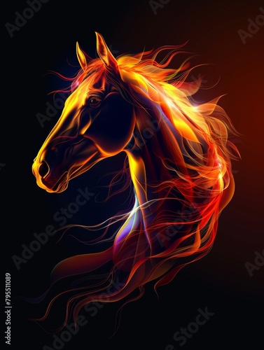 A horse's head is glowing brightly. A magical creature made of fire.