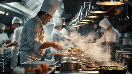 Professional chefs prepare dishes in a high-end, busy commercial kitchen environment with steam and bustle photo