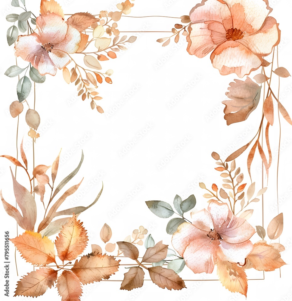 square frame with watercolor flowers and leaves in autumn colors, on a white background square frame with watercolor flowers and leaves in autumn colors, on a white background