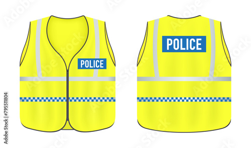 Safety reflective vest with label Police tag flat style, traffic and worker uniform wear. Realistic reflective vest front and back view safety jacket. Vector illustration photo