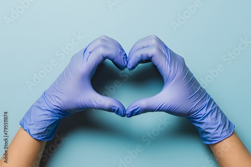 Nitrile gloves in heart shape against blue backdrop, symbolizing precision and care photo
