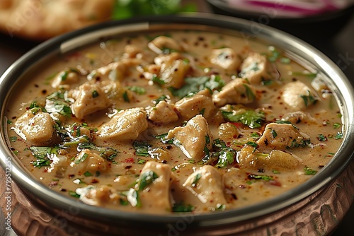 A stainless steel pan with a handle, filled with Indian creamy liner sauce and milk with chicken in the center of an isolated white background.