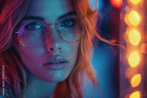 Striking portrait of a woman with red hair, clear glasses, and a blue and orange bokeh light effect