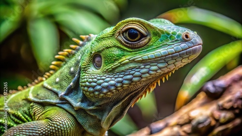 Close up of a green iguana on a branch in a zoo © tnihousestudio