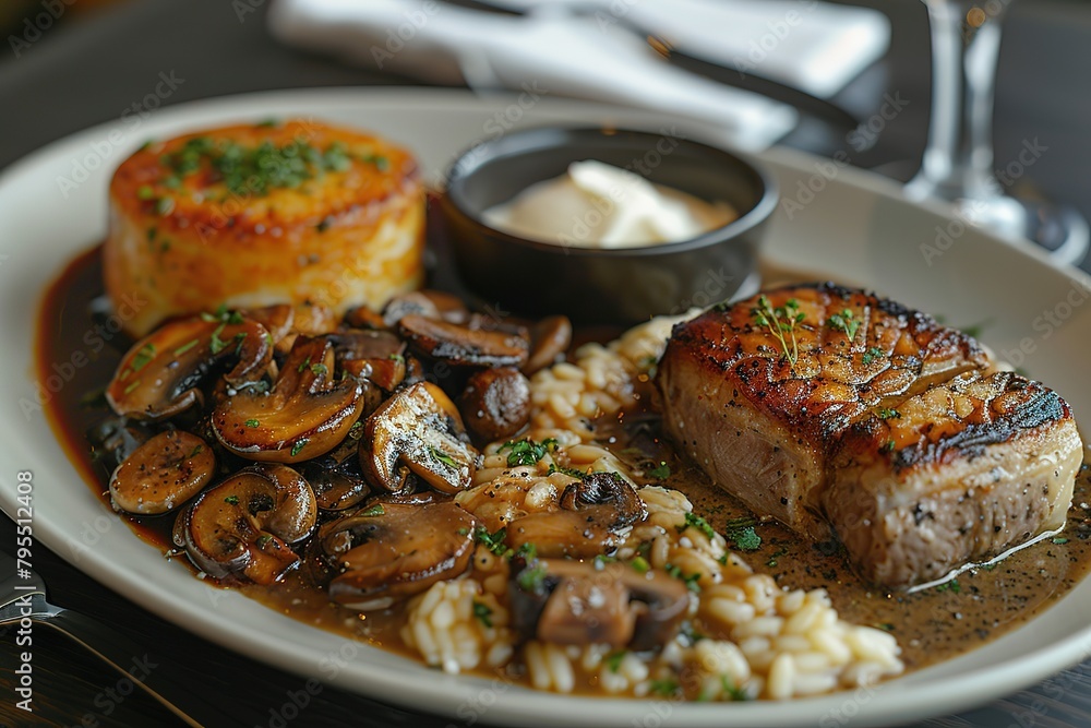 A plate of food with a mushroom sauce and rice. The plate is set on a table with a fork and knife A plate of food with a mushroom sauce and rice. The plate is set on a table with a fork and knife