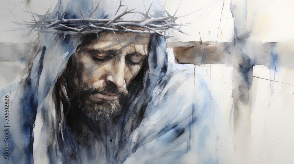 Gentle watercolor portrayal of Jesus on the Cross, soft blues and grays in the background symbolizing sorrow,