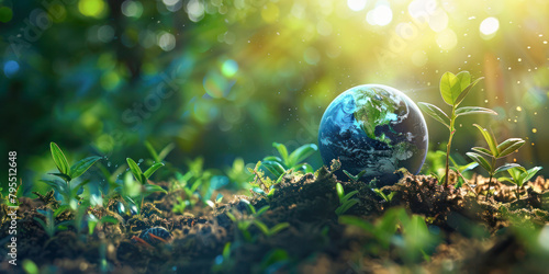 A poignant Earth Day concept with a miniature globe emerging among young plant shoots, bathed in the natural light of a new dawn, symbolizing renewal and ecological awareness. photo