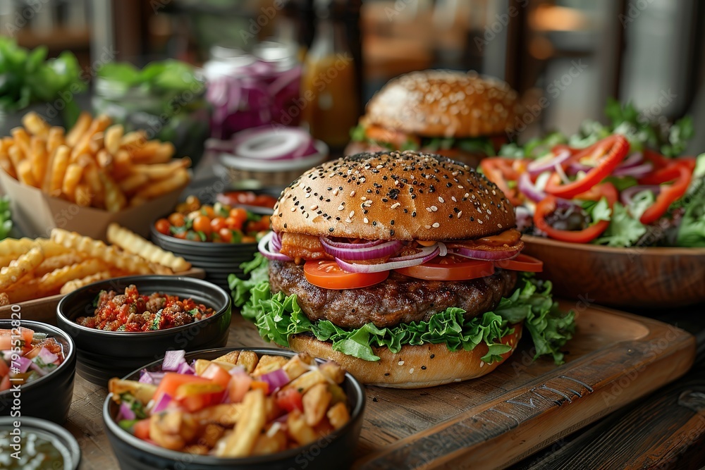 Obraz premium A variety of food items including an oversized burger, fries and side dishes arranged on plates in the front view.