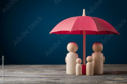 Wooden figures under red umbrella on blue background symbolize safety and protection