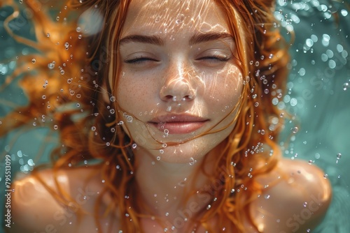 A serene woman gently submerged in clear blue water surrounded by air bubbles