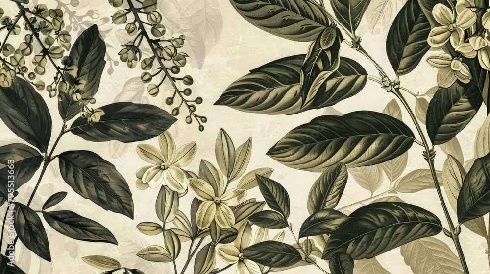 A lush green floral pattern fills the background, with delicate flowers blooming in various shades of green. A lush green floral pattern fills the background, with delicate flowers blooming in various shades of green.
