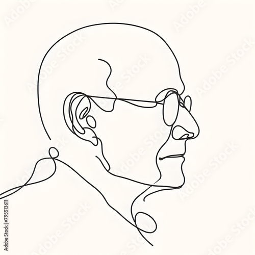 The profile of an elderly man with glasses. A simple continuous line depicting a male profile. The drawing is made in a minimalistic style.