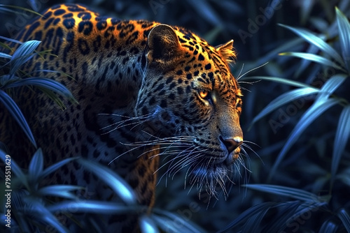 Portrait of leopard behind the bushes. Strong and wild animal in the jungle.