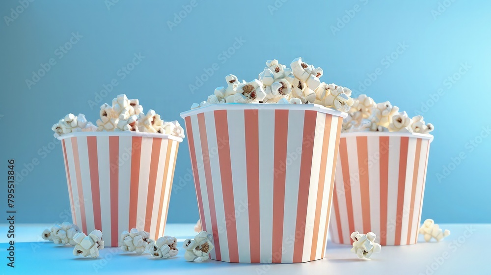 popcorn in a paper glass isolated on light blue background