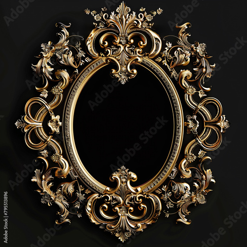 classic gold frame with 3D monograms on a black background for a mirror, in vintage style