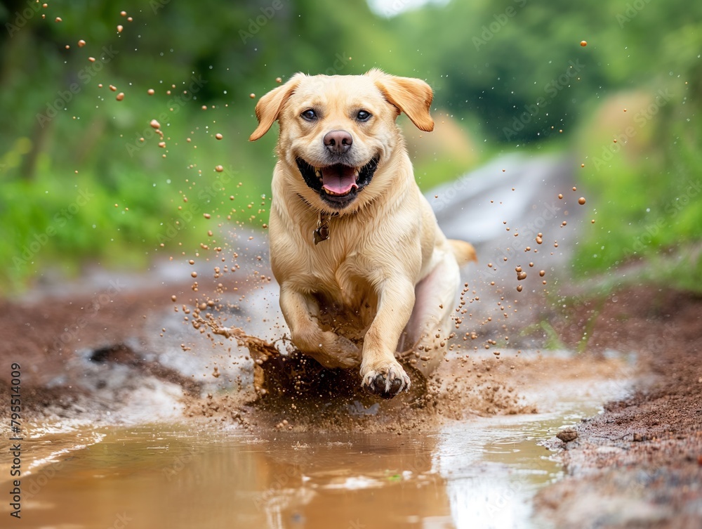 A dog is running through a muddy puddle. The dog is happy and enjoying the water. The scene is lively and playful A dog is running through a muddy puddle. The dog is happy and enjoying the water. The scene is lively and playful