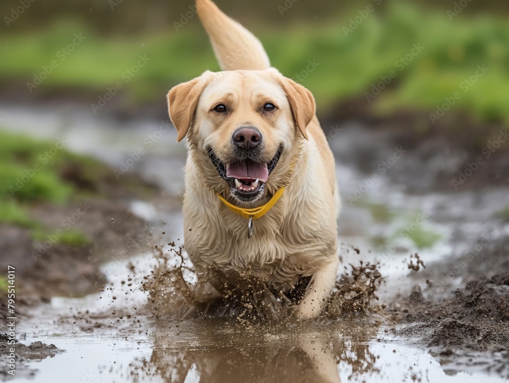 A dog is running through a muddy puddle. The dog is happy and enjoying the water