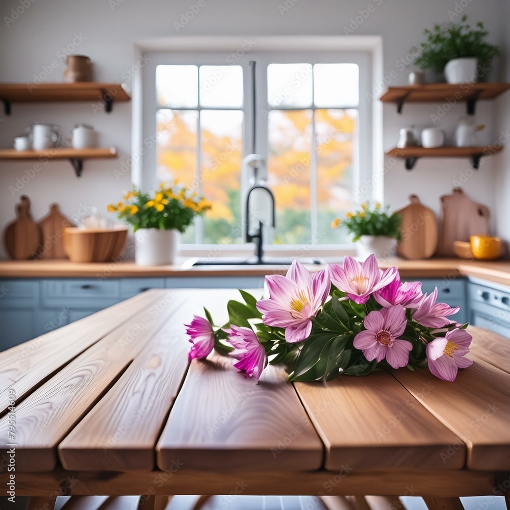 a bright and airy kitchen scene, featuring a wooden table adorned with blooming flowers, surrounded by stunning windows that fill the space with natural light.