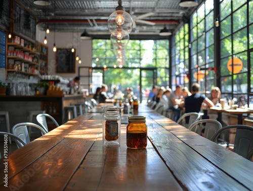 A restaurant with a large table in the middle of the room. There are several people sitting at the table and a few more standing around