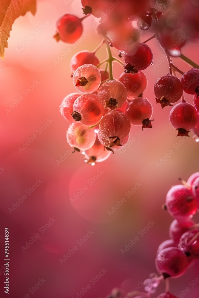 Macro photography captures ruby-red currants sparkling with water droplets Macro photography captures ruby-red currants sparkling with water droplets