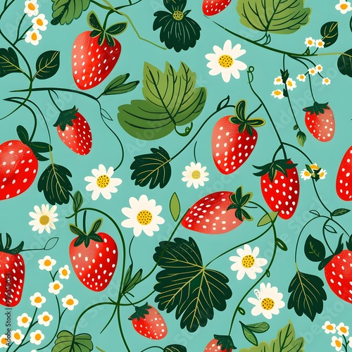 strawberry seamless pattern, turquoise background