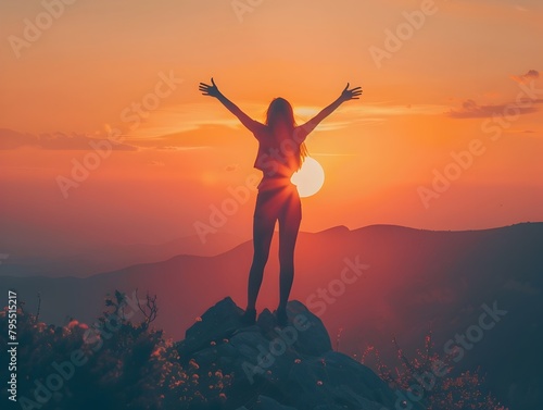 Silhouetted Figure Embracing the Vibrant Sunset on a Majestic Mountain Peak Embodying the Pursuit of Dreams and Passions