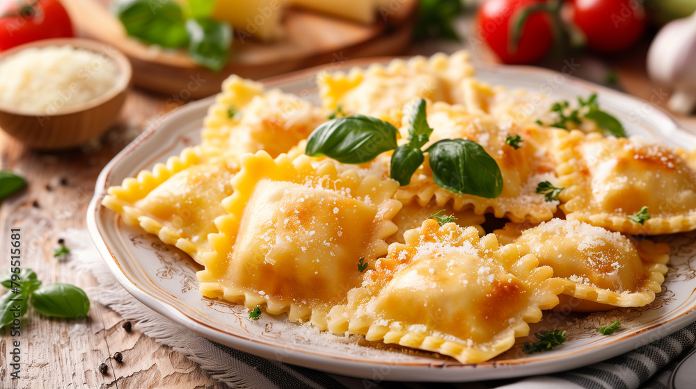 Hand-Crafted Ravioli with Garden Fresh Basil, Ravioli Perfection with Parmesan and Green Herbs Hand-Crafted Ravioli with Garden Fresh Basil, Ravioli Perfection with Parmesan and Green Herbs