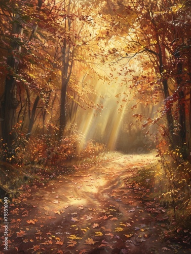 Autumn Pathway Covered in Fallen Leaves - Tranquil Forest Nature SceneGolden Foliage