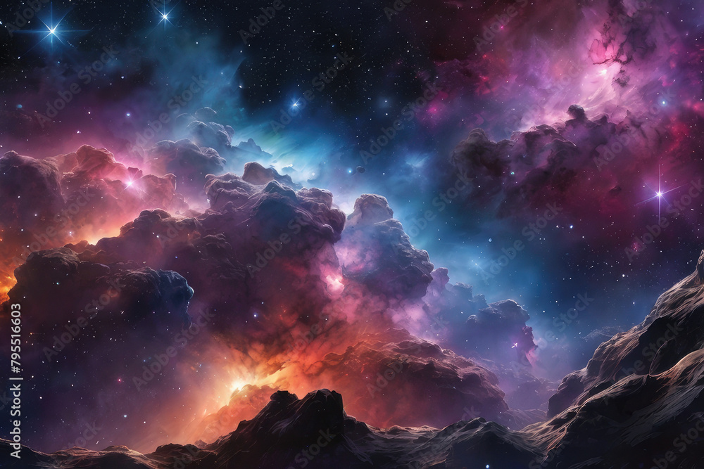 Naklejka premium Generative Ai, AI Generated art, Beautiful view of the colorful galaxies/nebula, Colorful cosmic, Beautiful view of nebulae with star-studded stars, beautiful view of the colorful Milkyway of space