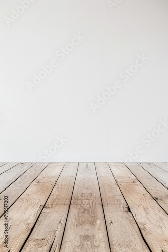A minimalist stage set against a white blank background  featuring a sleek  polished wooden floor