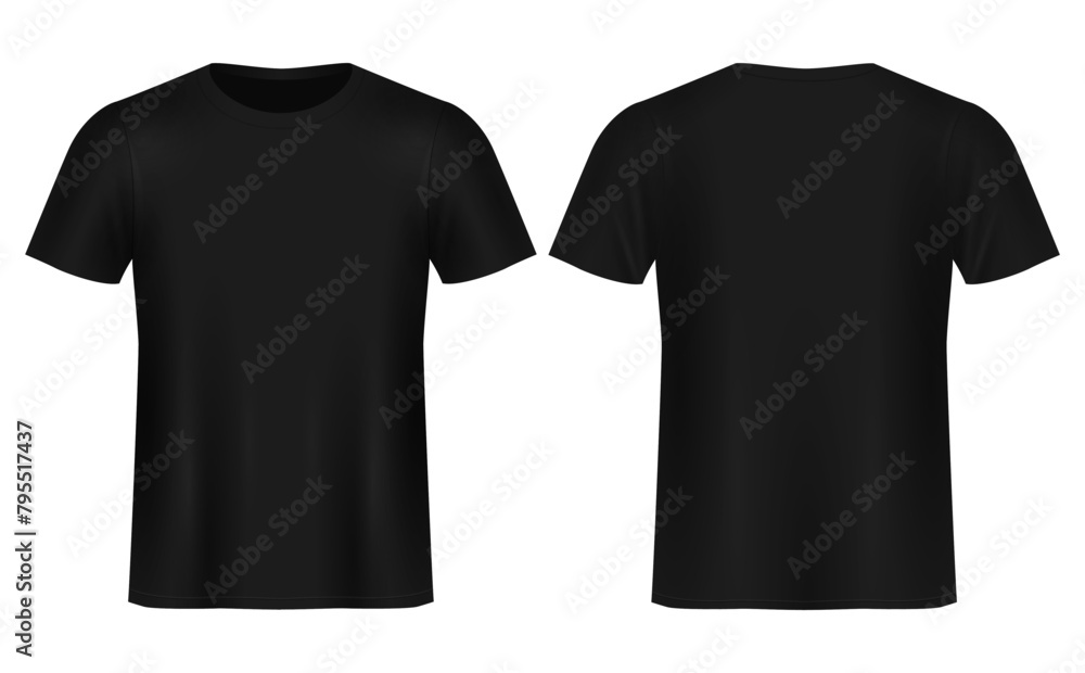 Men's black blank Realistic T-shirt template,from two sides, natural shape on invisible mannequin, for your design mockup for print, isolated on white background. Men's black blank Realistic T-shirt template,from two sides, natural shape on invisible mannequin, for your design mockup for print, isolated on white background.