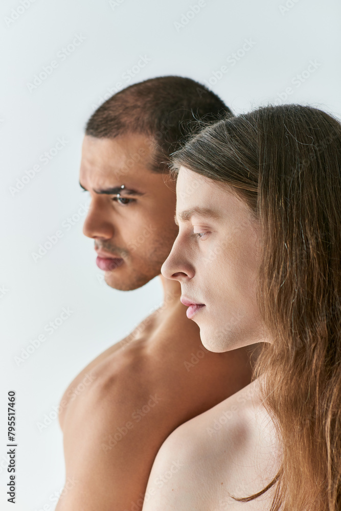Two men engage in a meaningful, loving stare. Two men engage in a meaningful, loving stare.