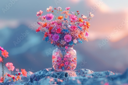 A beautiful bouquet of flowers in a glass vase sits on a rock outcropping with a mountainous landscape in the background. photo