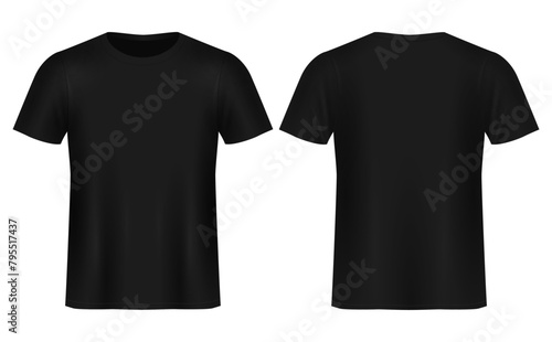 Men's black blank Realistic T-shirt template,from two sides, natural shape on invisible mannequin, for your design mockup for print, isolated on white background.