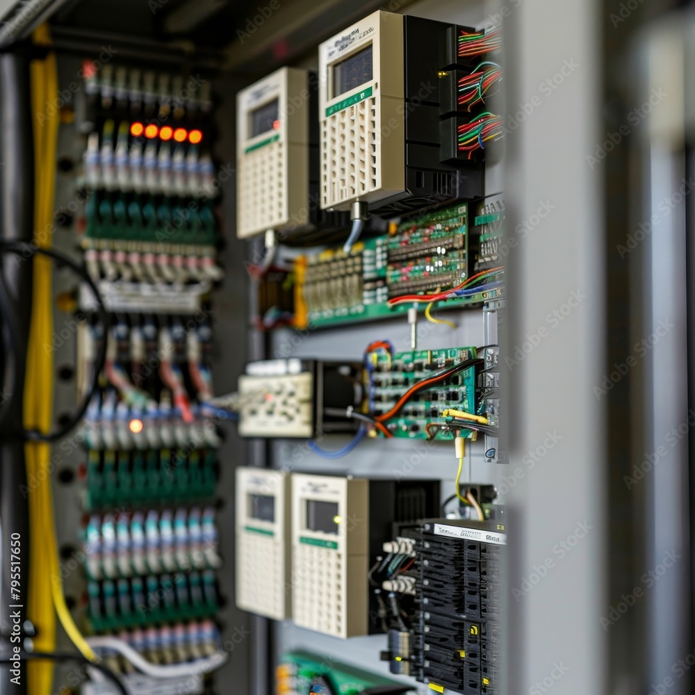 A white panel with many small boxes and wires A white panel with many small boxes and wires