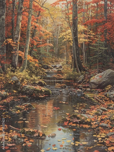 A Quiet Autumn Brook Meandering ThroughSerene Forest Setting