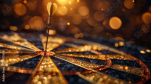 A golden dart hits the center of a golden dartboard. The background is a golden blur. photo