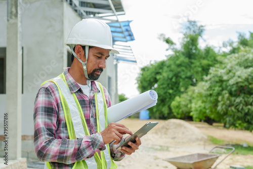 Tablou pe pânză Asian Construction worker in plaid shirt and reflective vest holds blueprints and tablet, standing at a building site with greenery around