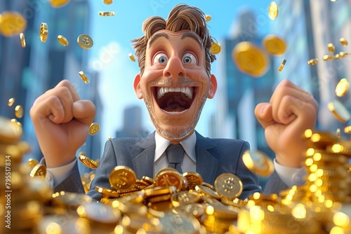 A rich man is sitting on a pile of gold coins and laughing. photo