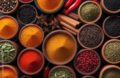 Set of various multicolored spices in jars over dark background. Top view  close up  flat lay.